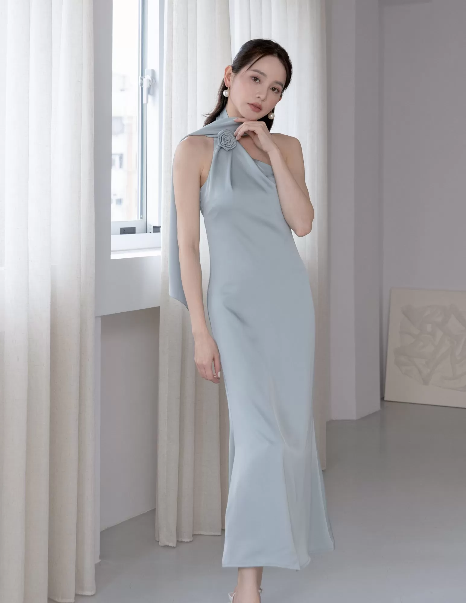 Paulina Toga Satin Dress in Jade