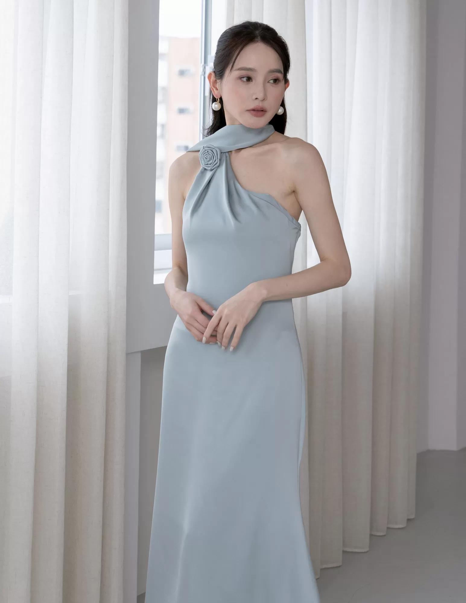 Paulina Toga Satin Dress in Jade