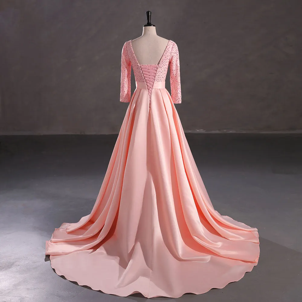 Peach Satin Lace Ball Gown Formal Prom Dress EN5407