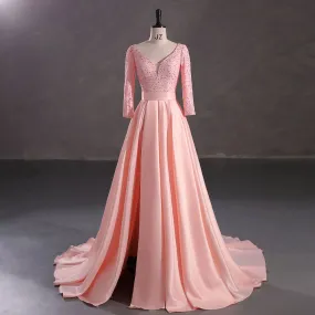 Peach Satin Lace Ball Gown Formal Prom Dress EN5407