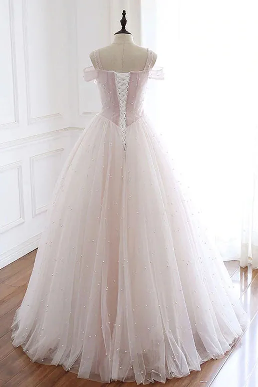 Pearl Pink Straps A Line Tulle Long Prom Dress with Pearls, Long Formal Gown