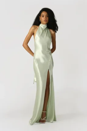 Penelope Backless Satin Gown in Pistachio