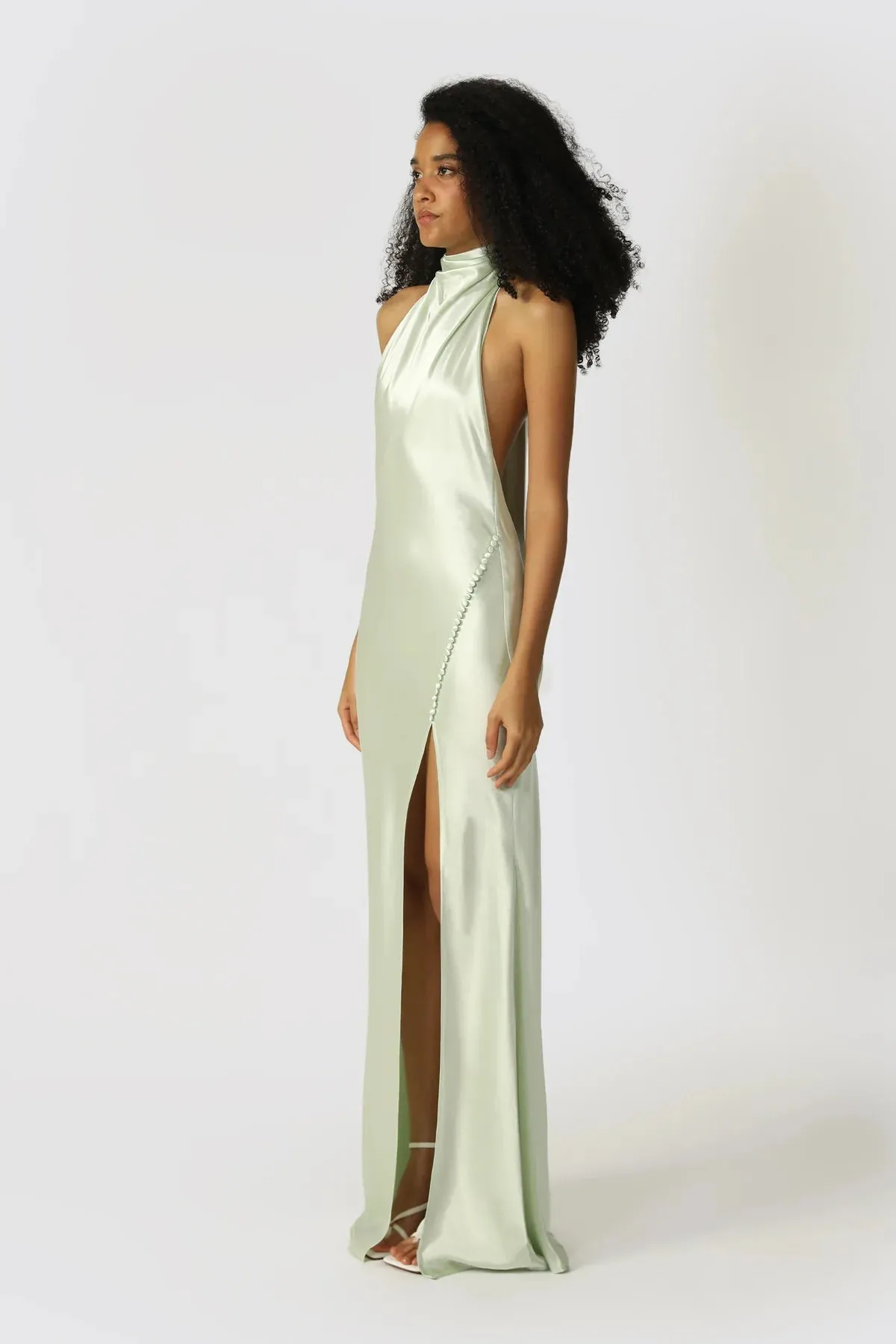 Penelope Backless Satin Gown in Pistachio