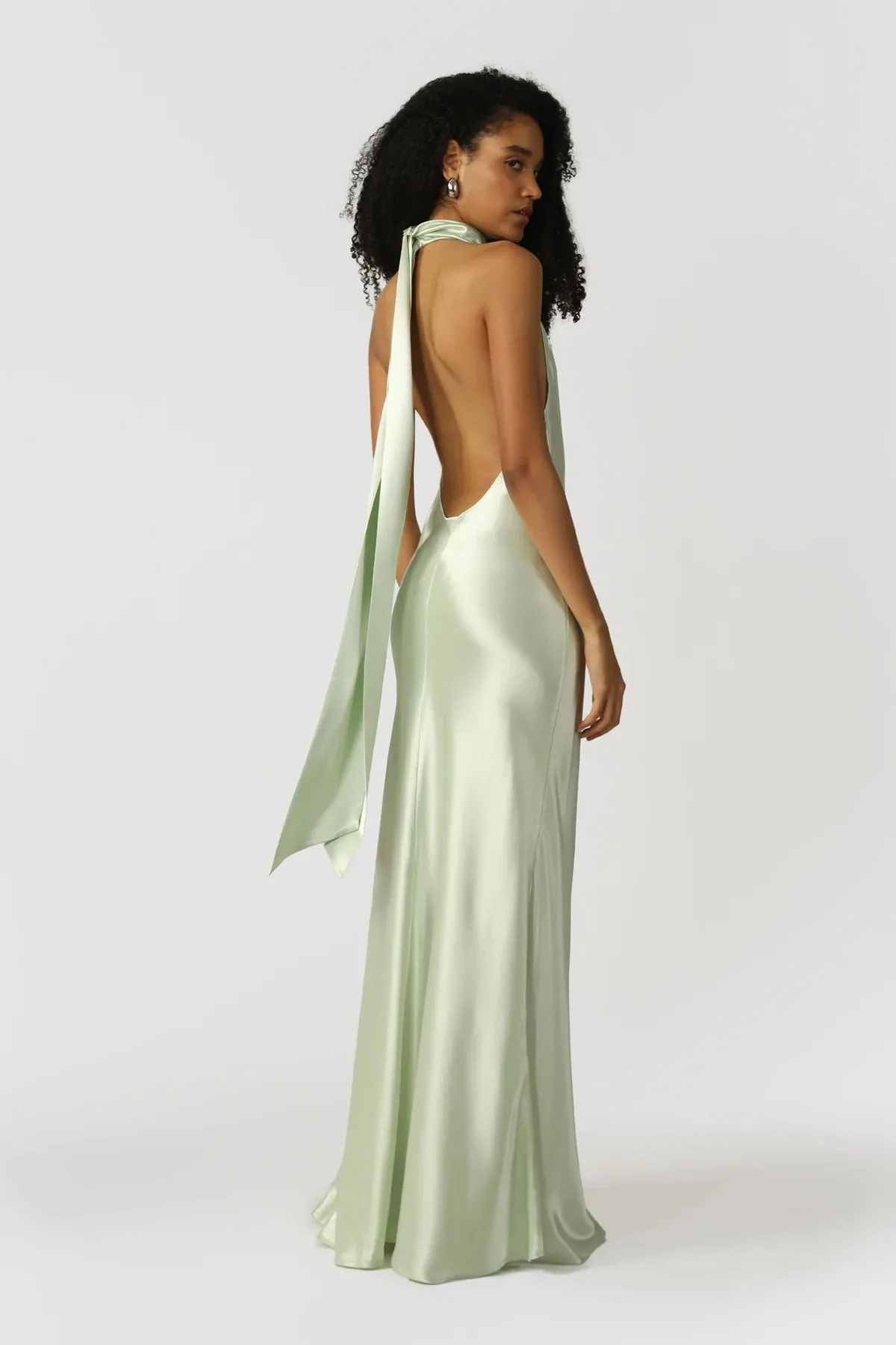 Penelope Backless Satin Gown in Pistachio