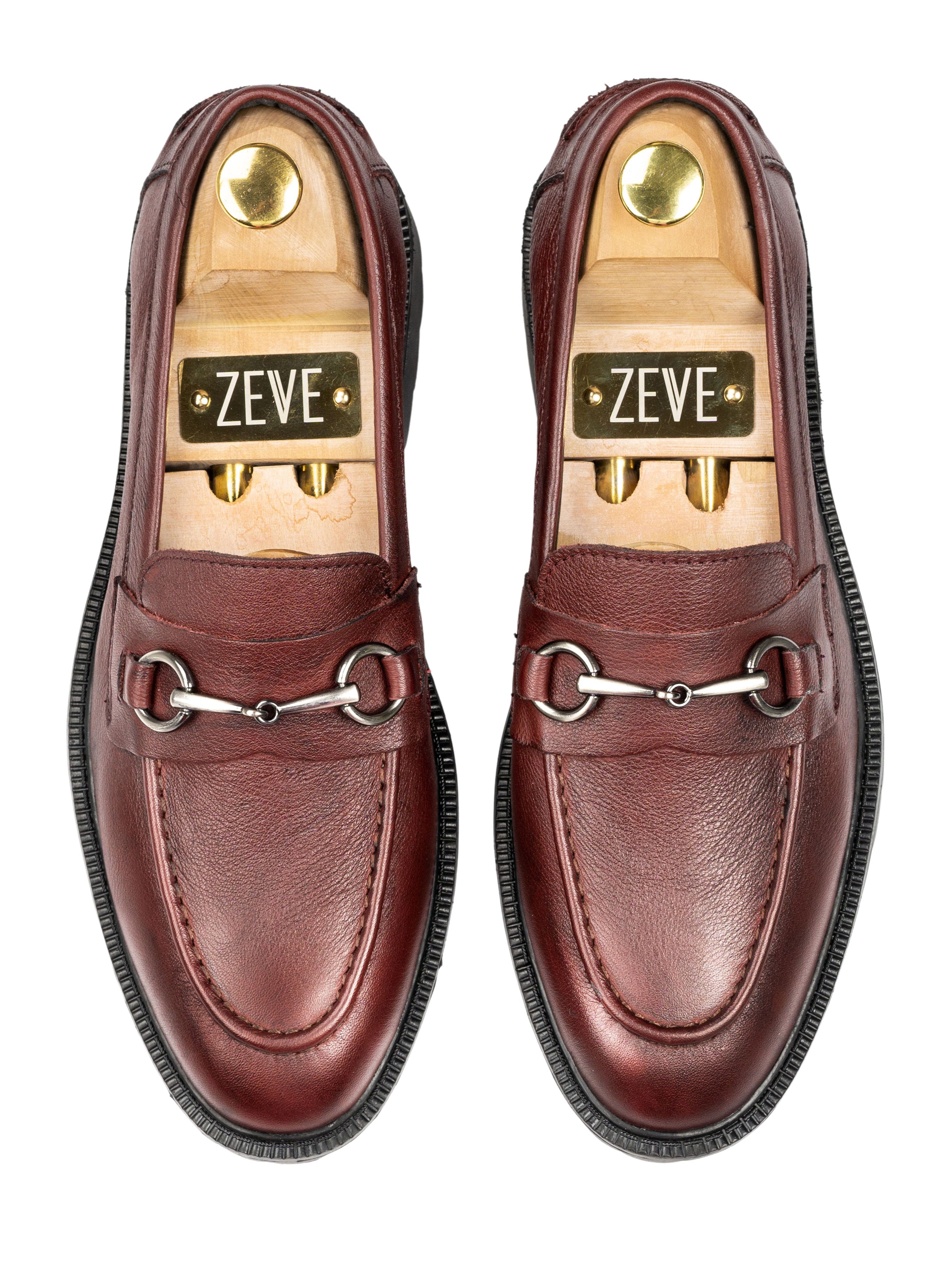 Penny Loafer Horsebit Buckle - Red Burgundy Pebble Grain Leather (Combat Sole)