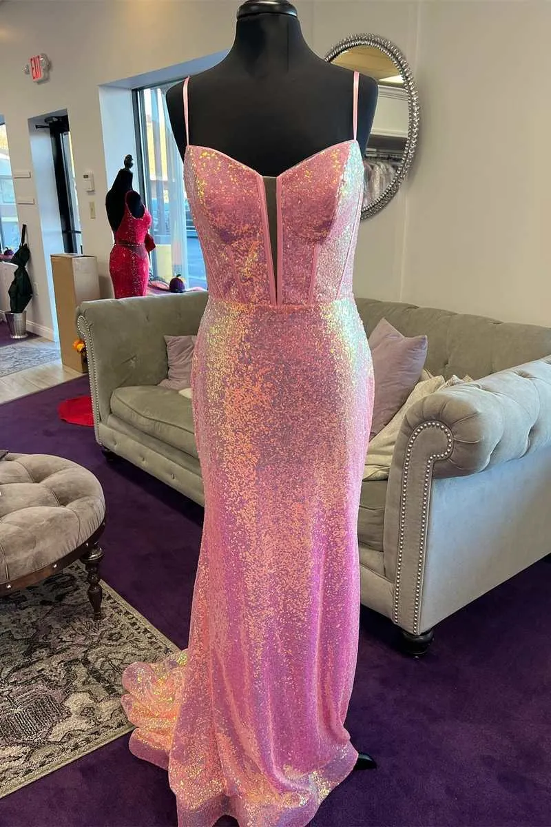 Pink Sequin Split Neck Mermaid Long Prom Gown