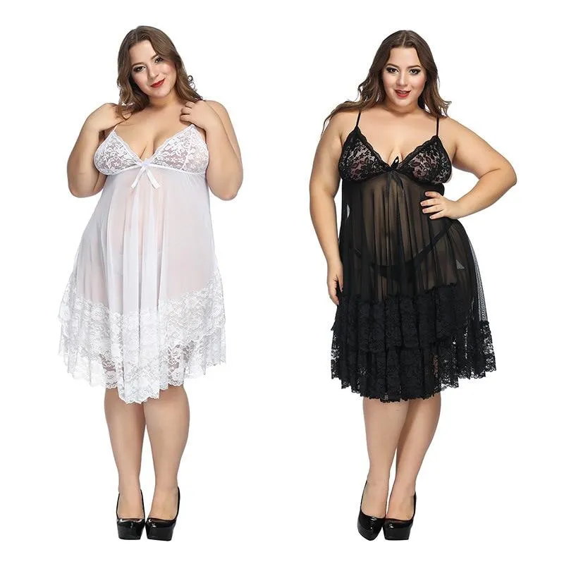 Plus Size White Night Gown Sexy Lace Lingerie Sleepwear for Ladies