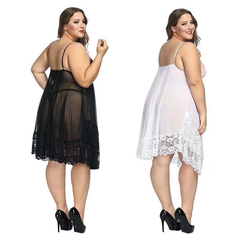 Plus Size White Night Gown Sexy Lace Lingerie Sleepwear for Ladies