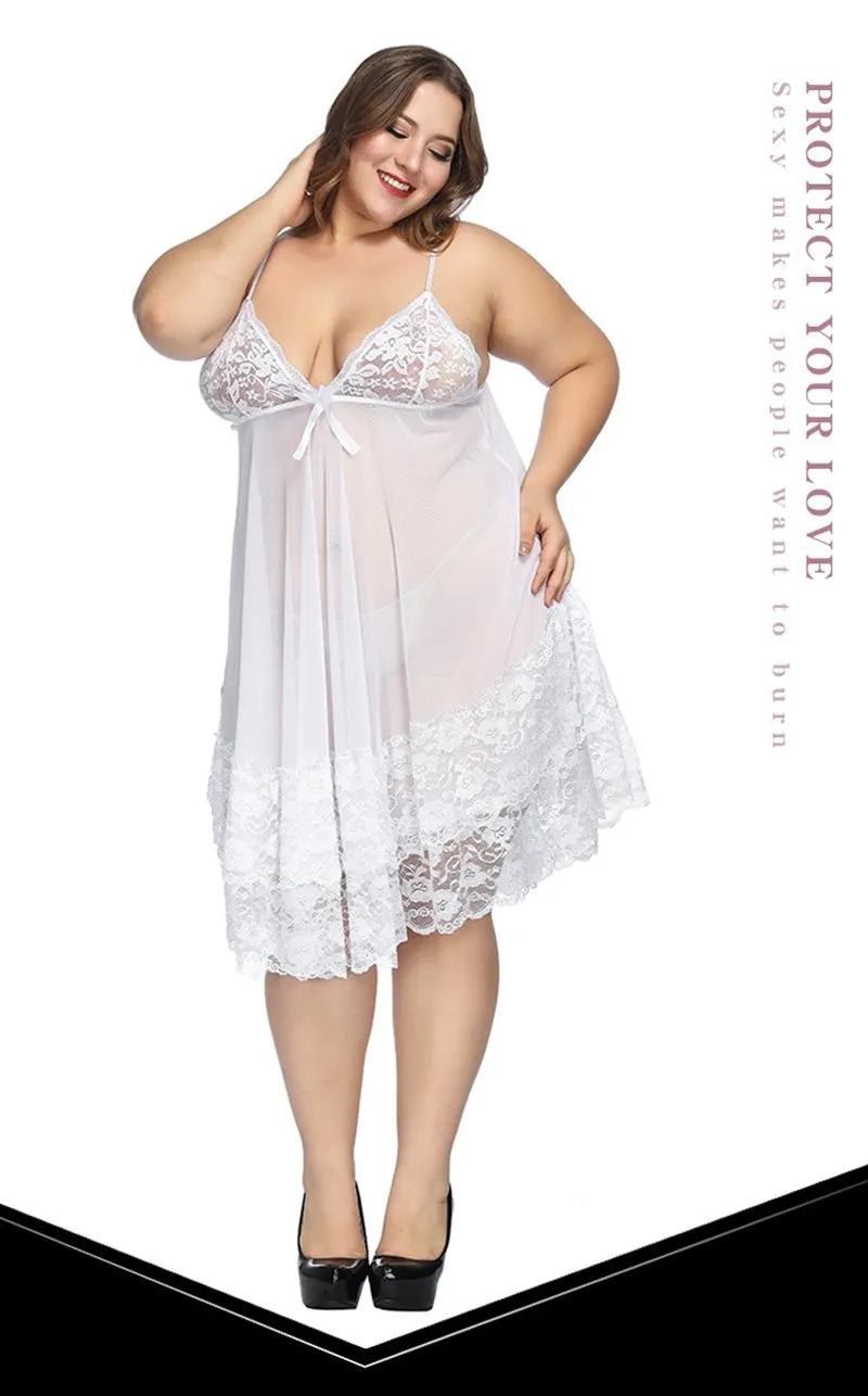 Plus Size White Night Gown Sexy Lace Lingerie Sleepwear for Ladies