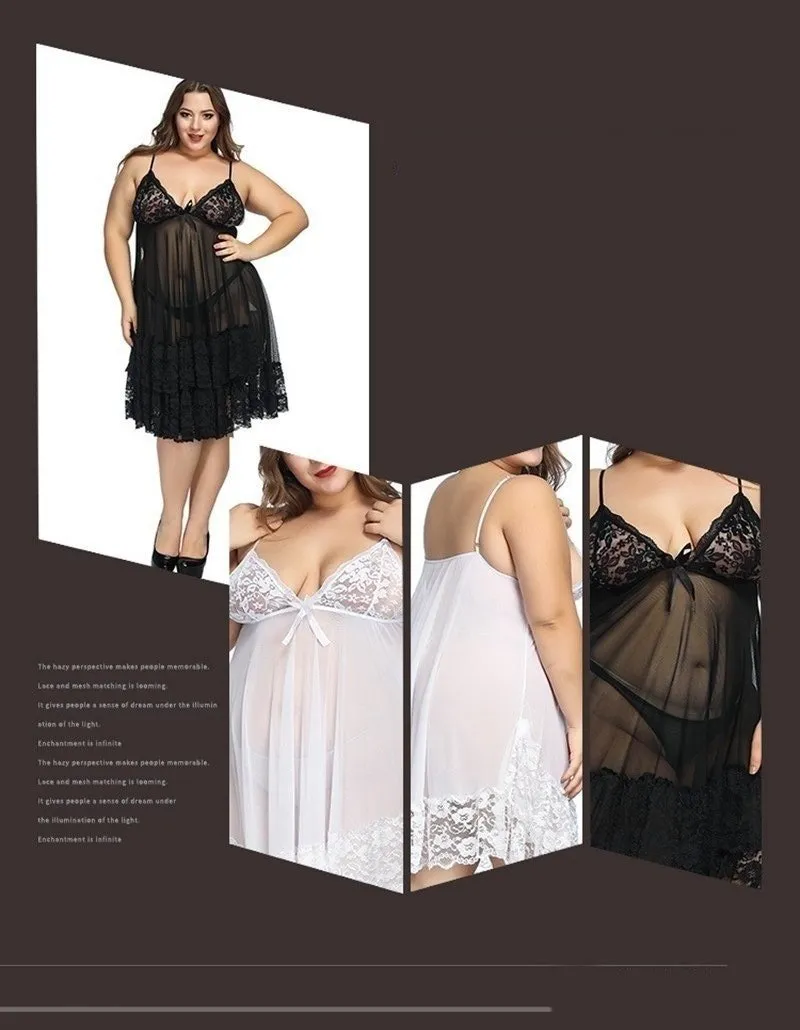 Plus Size White Night Gown Sexy Lace Lingerie Sleepwear for Ladies