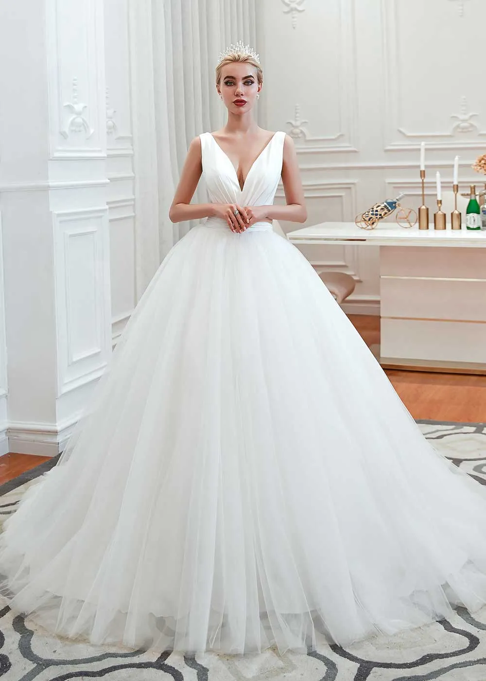 Princess Ball Gown Dress with Plunging V Neck