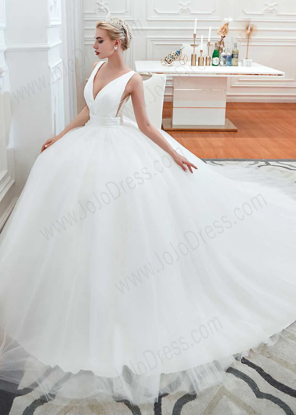 Princess Ball Gown Dress with Plunging V Neck