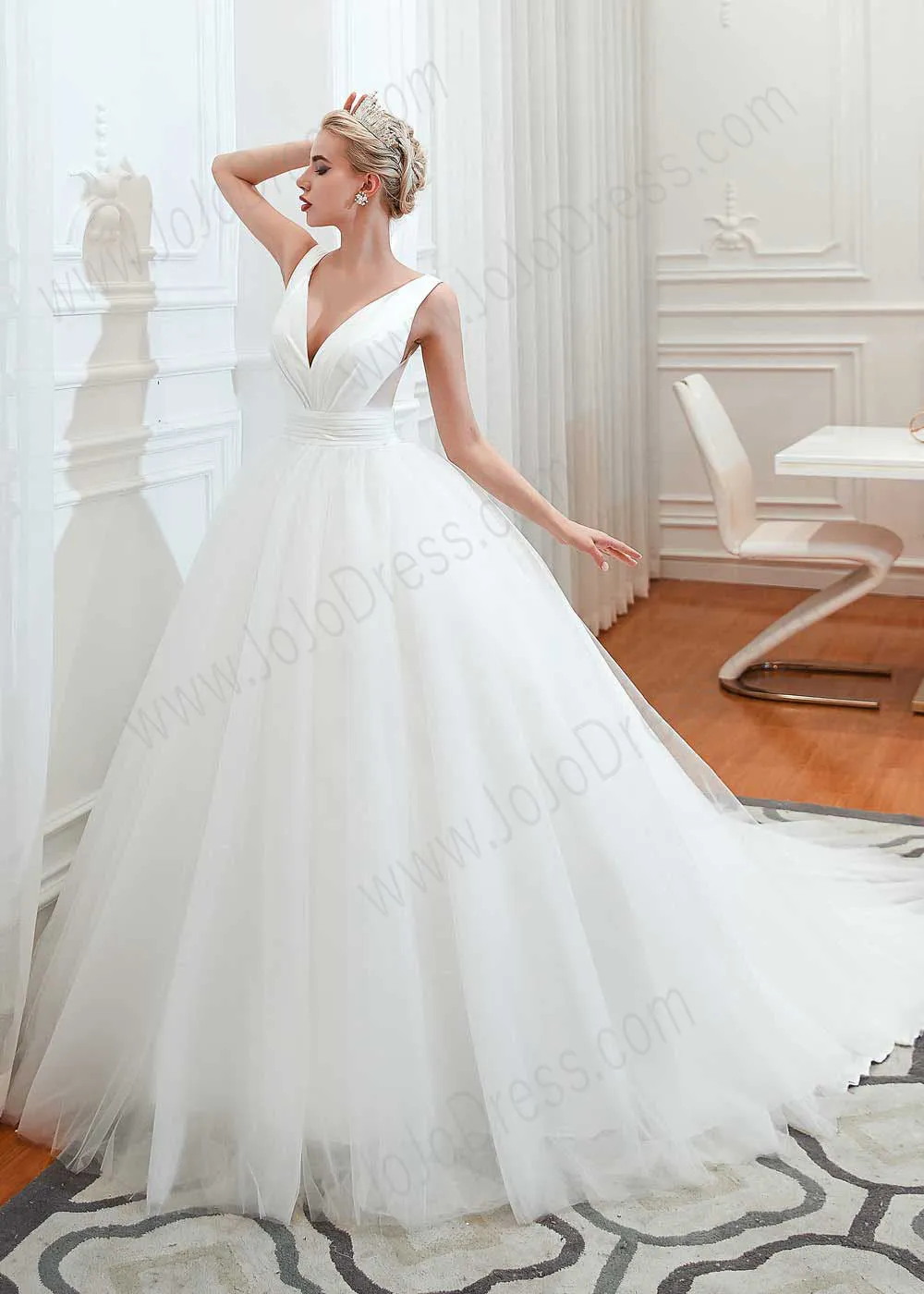 Princess Ball Gown Dress with Plunging V Neck