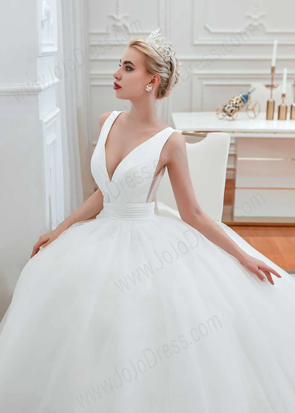 Princess Ball Gown Dress with Plunging V Neck