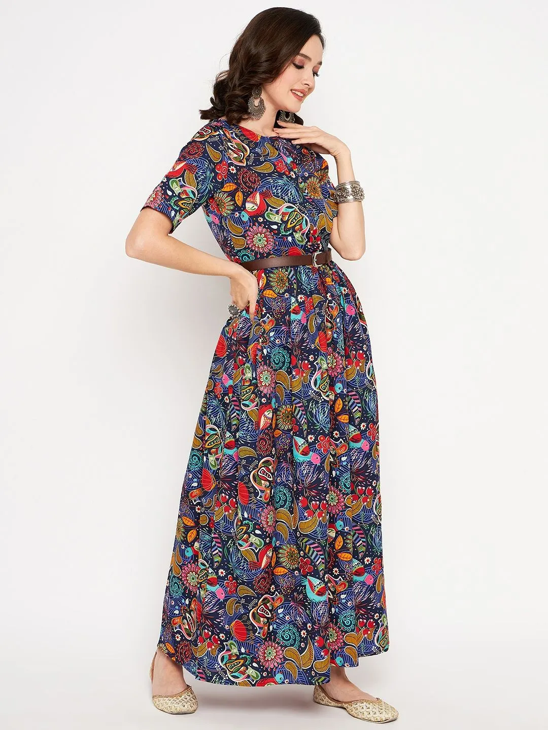 Printed Maxi Dress with Belt