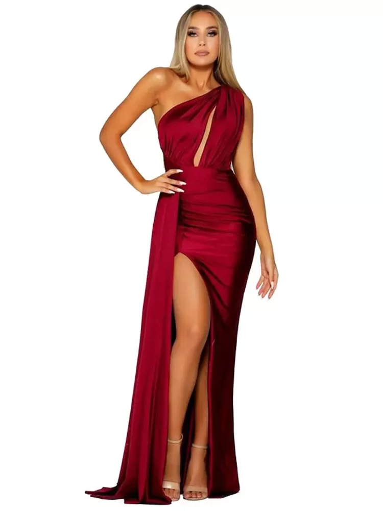 Prom Maxi Dresses Sexy Cut Out Stretch Satin Trains Prom Dress High Split Sleeveless Evening Night Bridesmaid Party Gown