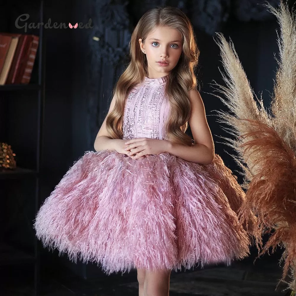 Puffy Feather Flower Girl Gown