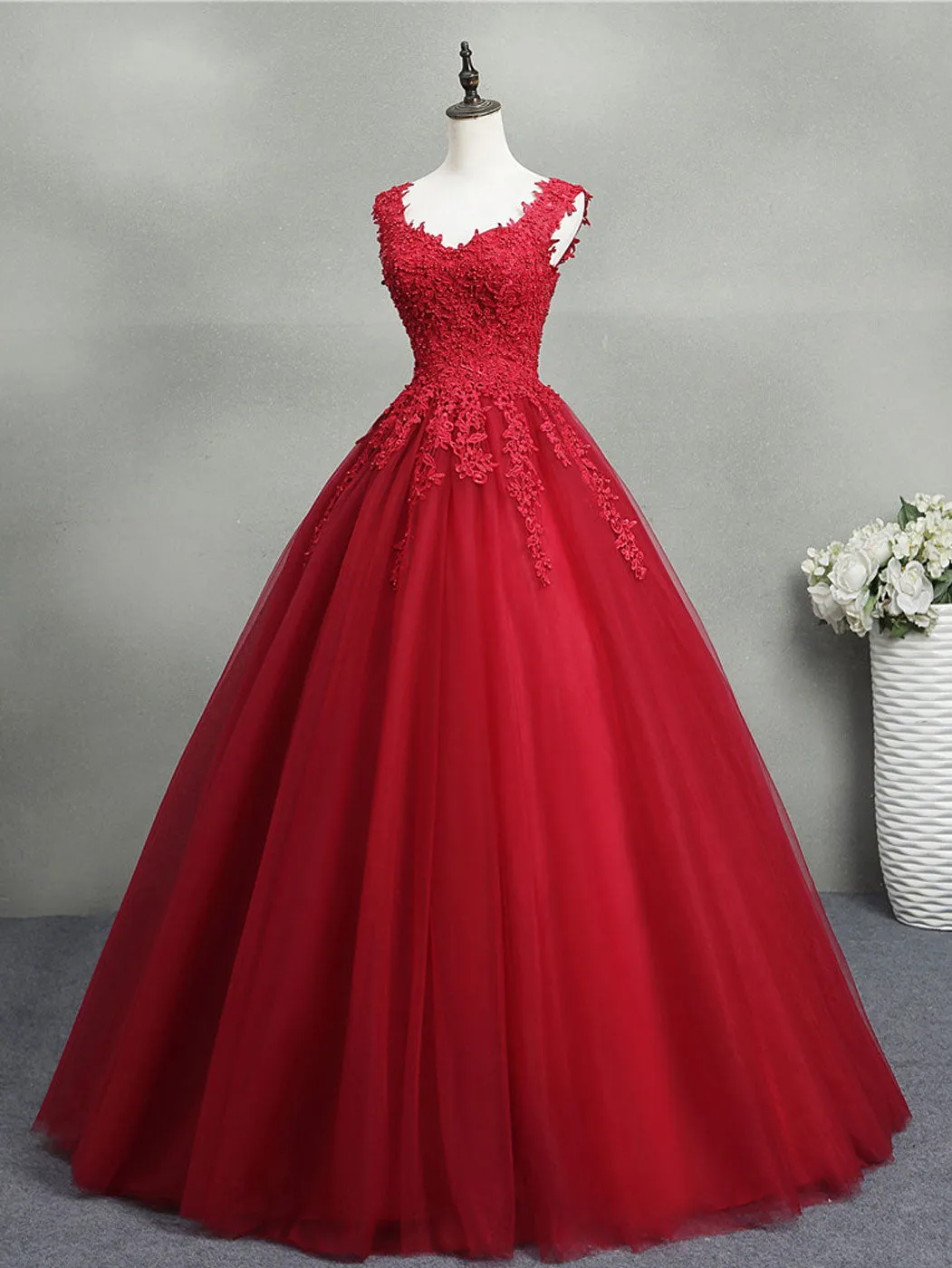 Red Queen Anne Lace Top Backless Ball Gown Prom Dress