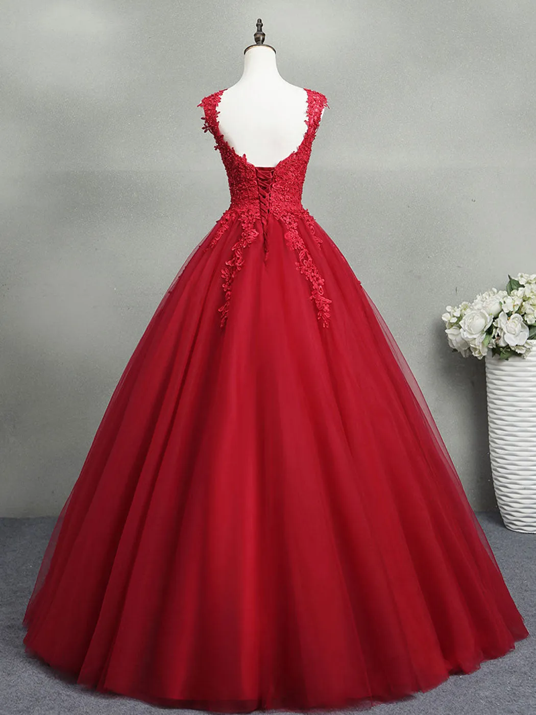 Red Queen Anne Lace Top Backless Ball Gown Prom Dress