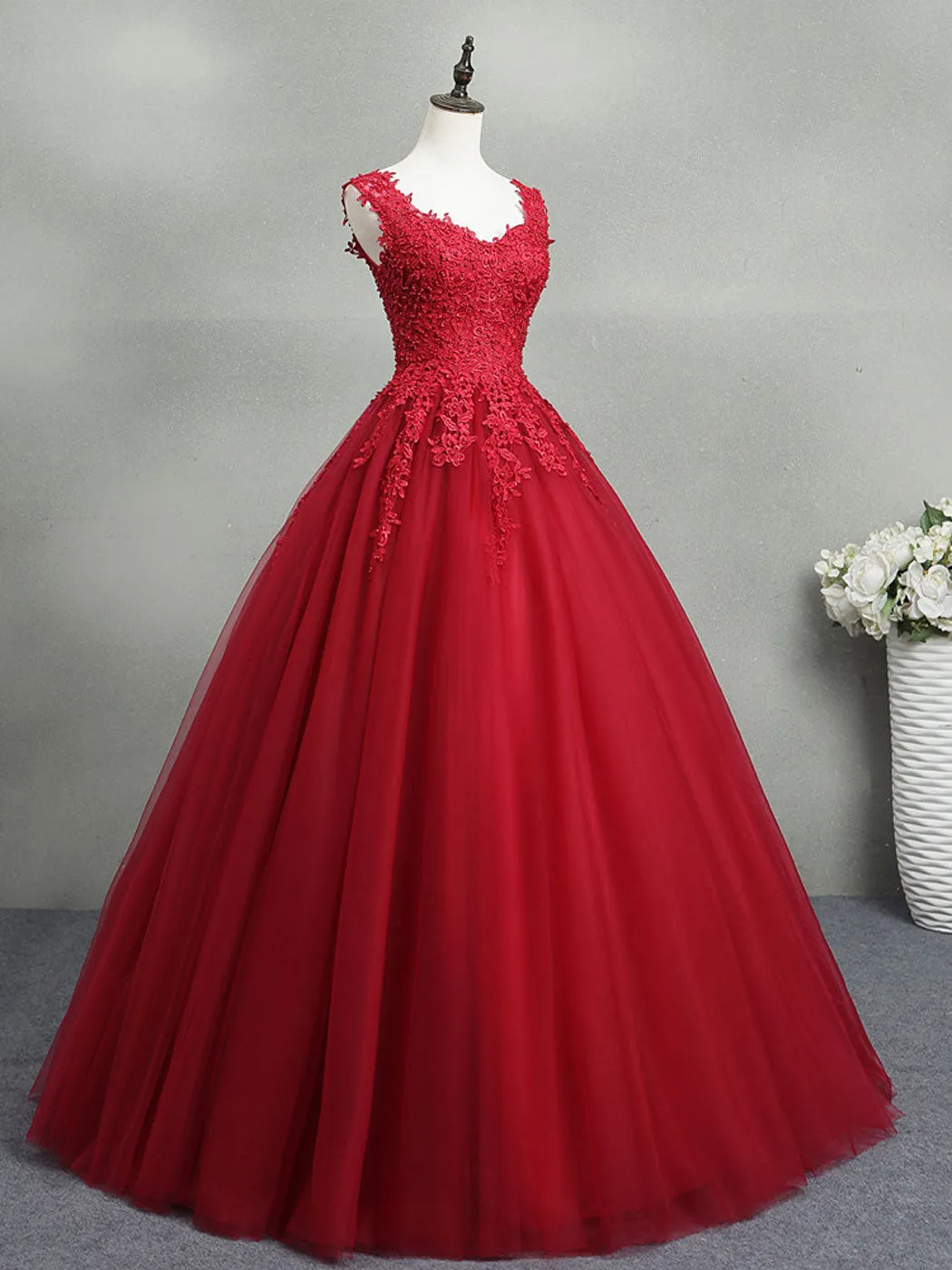 Red Queen Anne Lace Top Backless Ball Gown Prom Dress