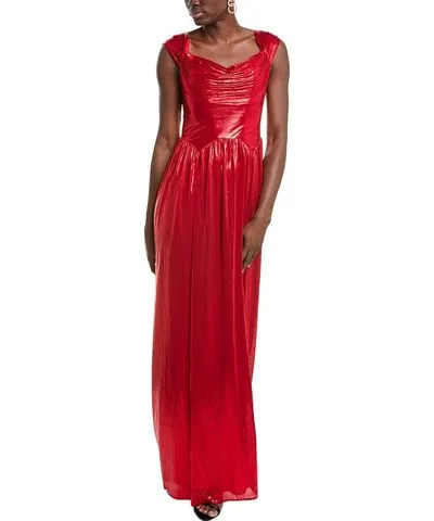 Rene Ruiz Off-The-Shoulder Metallic Plisse Gown