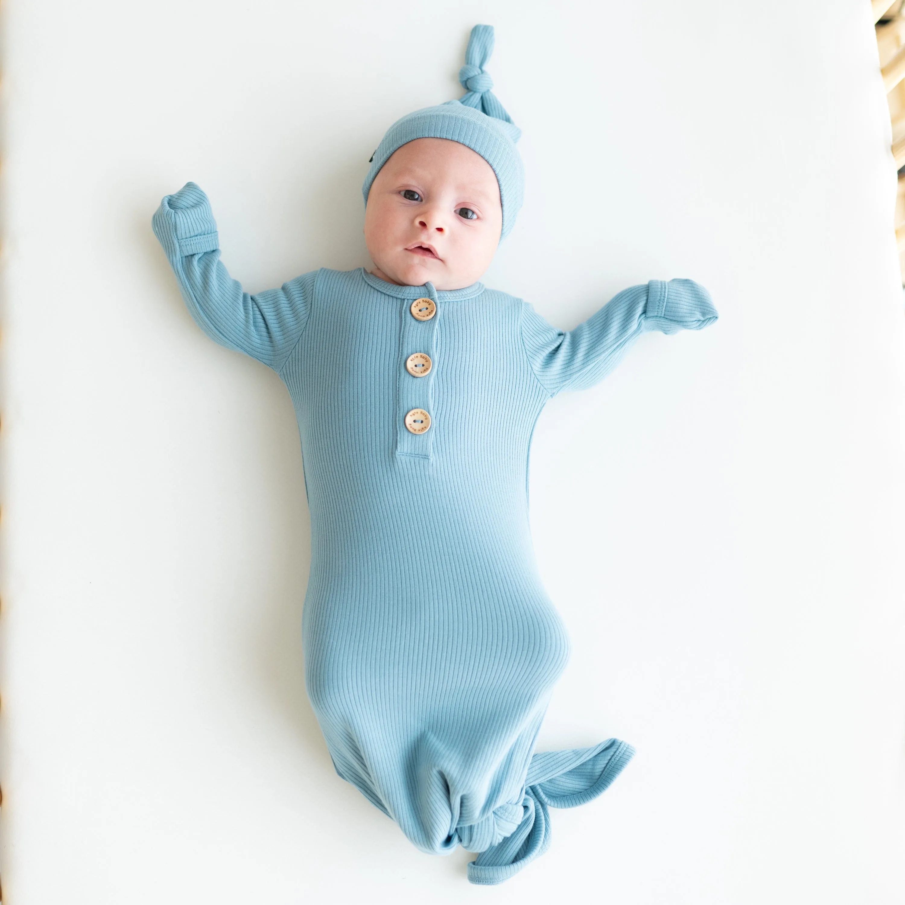 Ribbed Knotted Gown with Hat Set in Dusty Blue