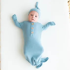 Ribbed Knotted Gown with Hat Set in Dusty Blue