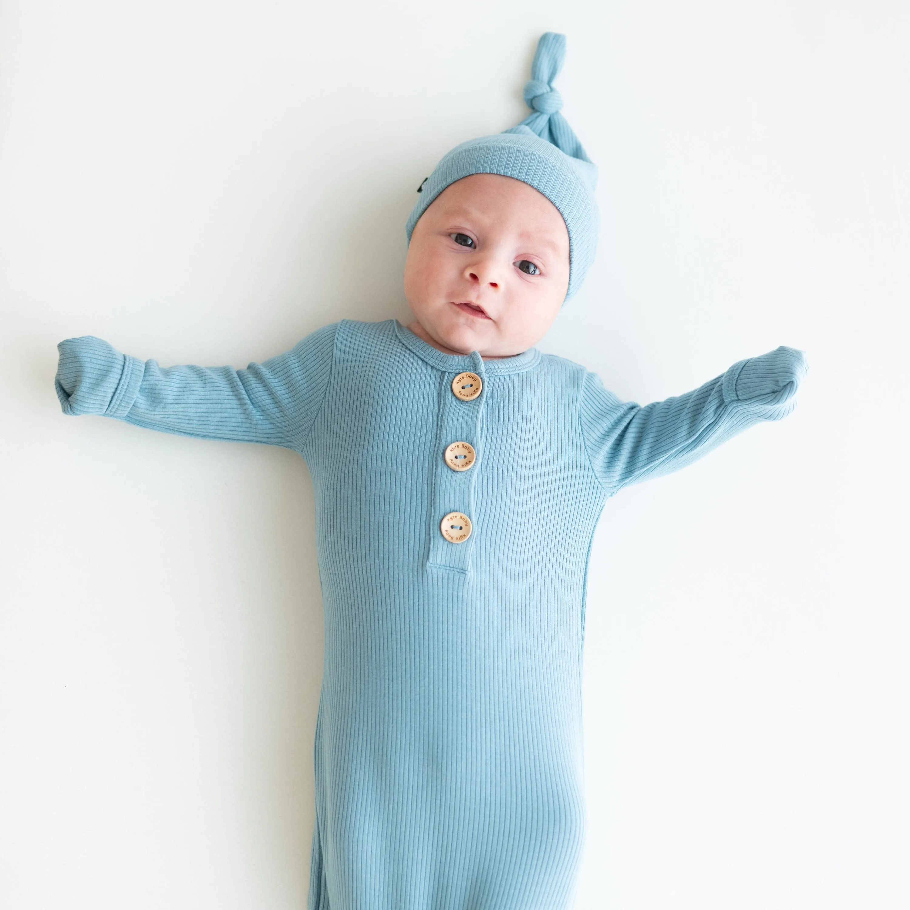 Ribbed Knotted Gown with Hat Set in Dusty Blue