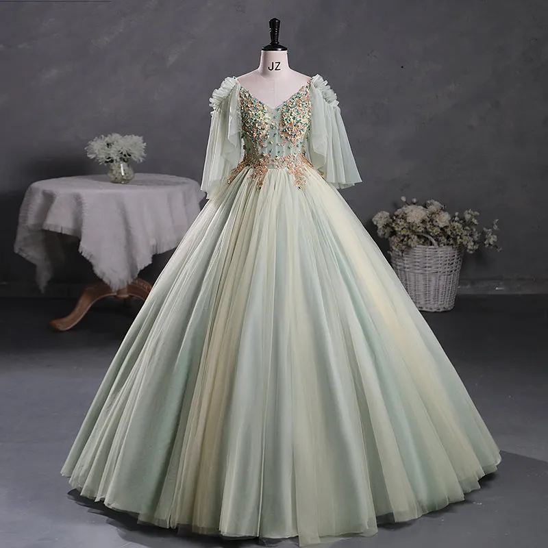 Sage Green Sheer Tulle Masquerade Ball Gown Quinceanera Dress