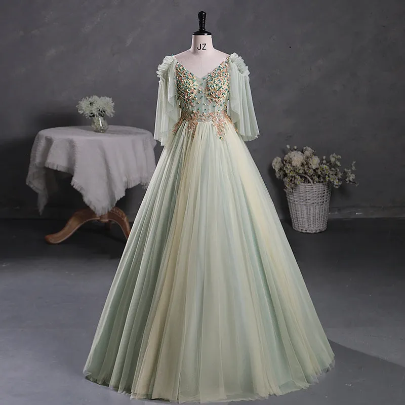 Sage Green Sheer Tulle Masquerade Ball Gown Quinceanera Dress