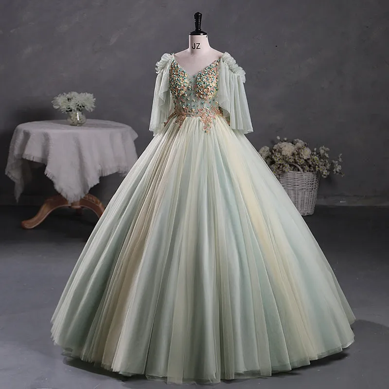 Sage Green Sheer Tulle Masquerade Ball Gown Quinceanera Dress