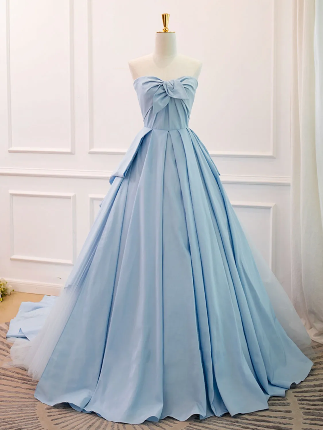 Sky Blue Strapless Ball Gown Ruched Prom Dress Formal Dress