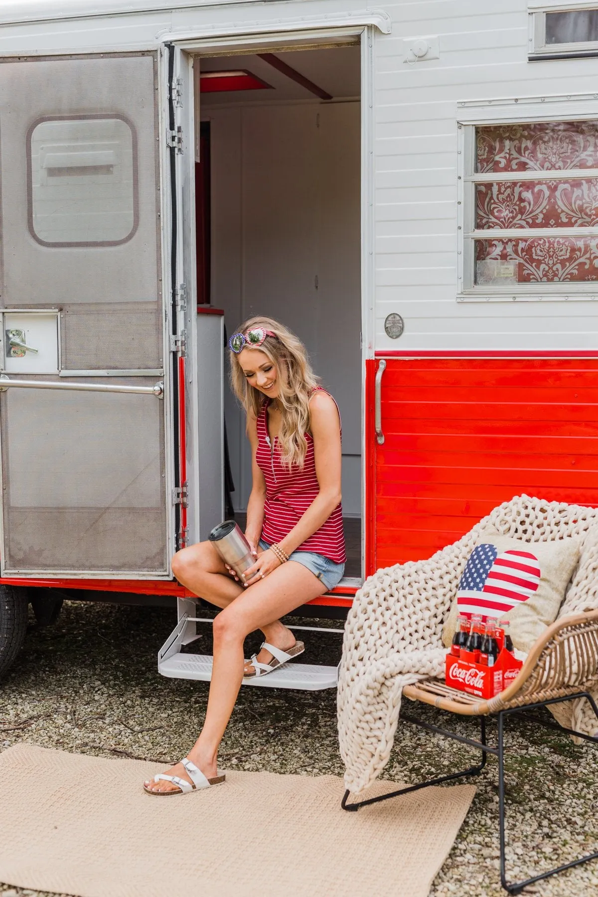 Star Spangled Stunner Zipper Henley Tank- Deep Red & White