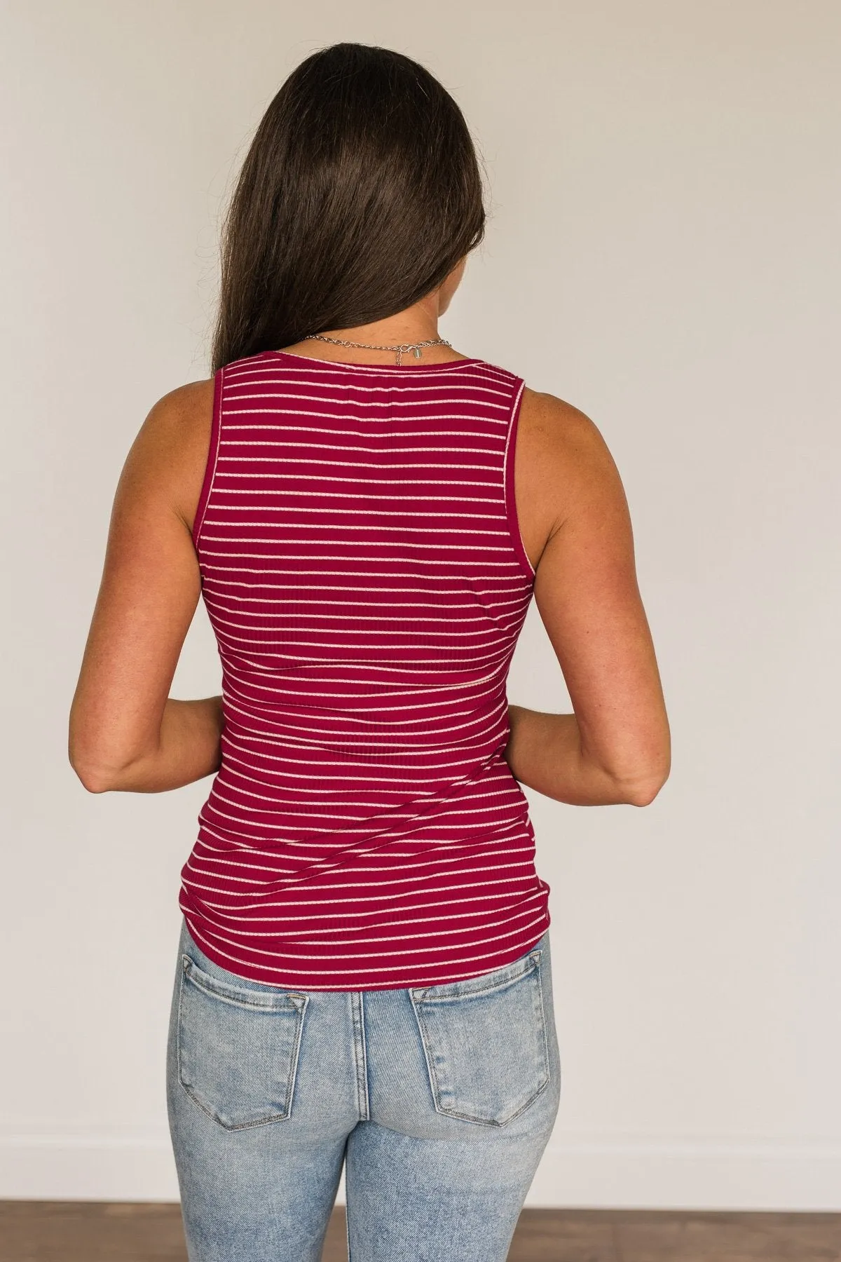 Star Spangled Stunner Zipper Henley Tank- Deep Red & White