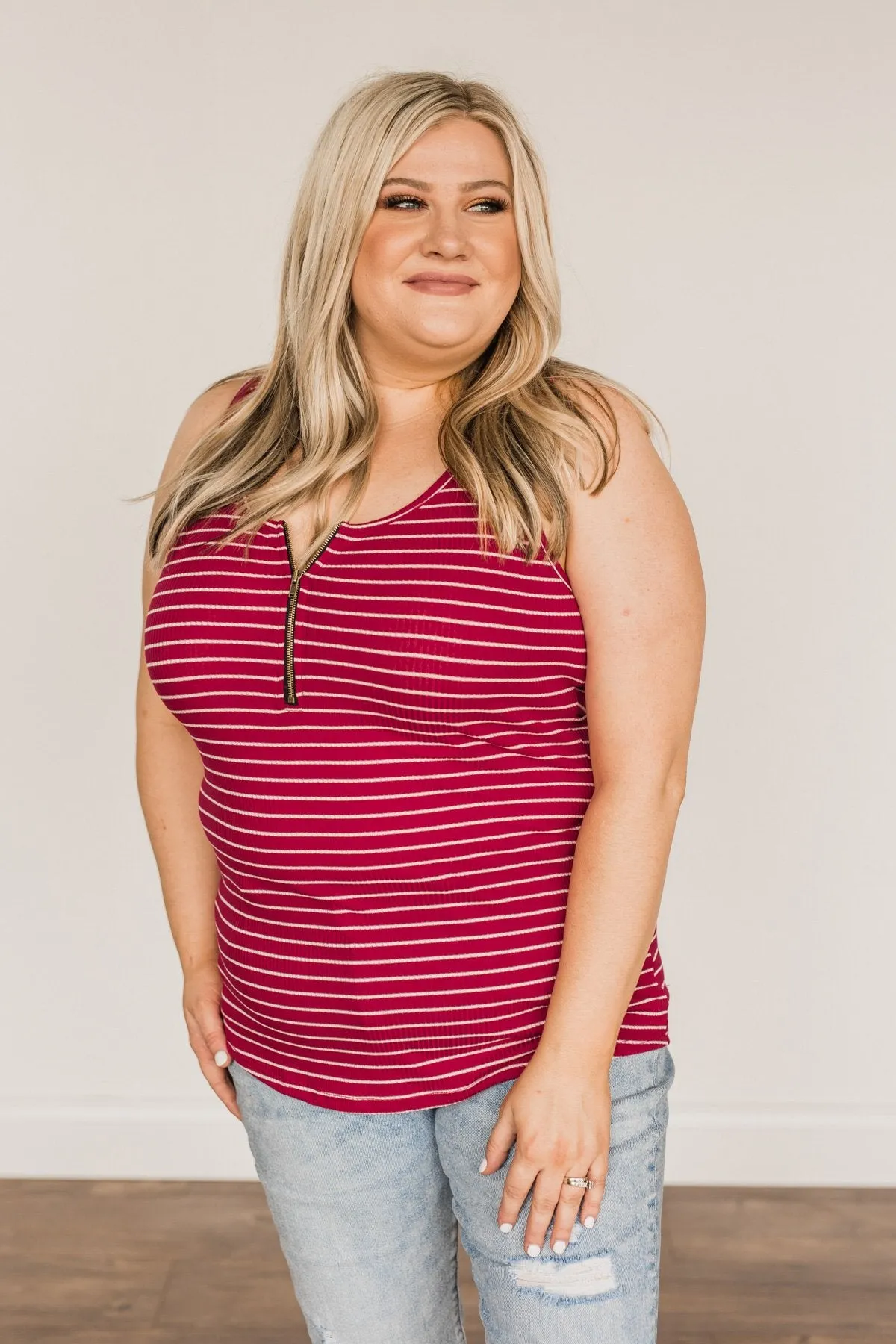 Star Spangled Stunner Zipper Henley Tank- Deep Red & White