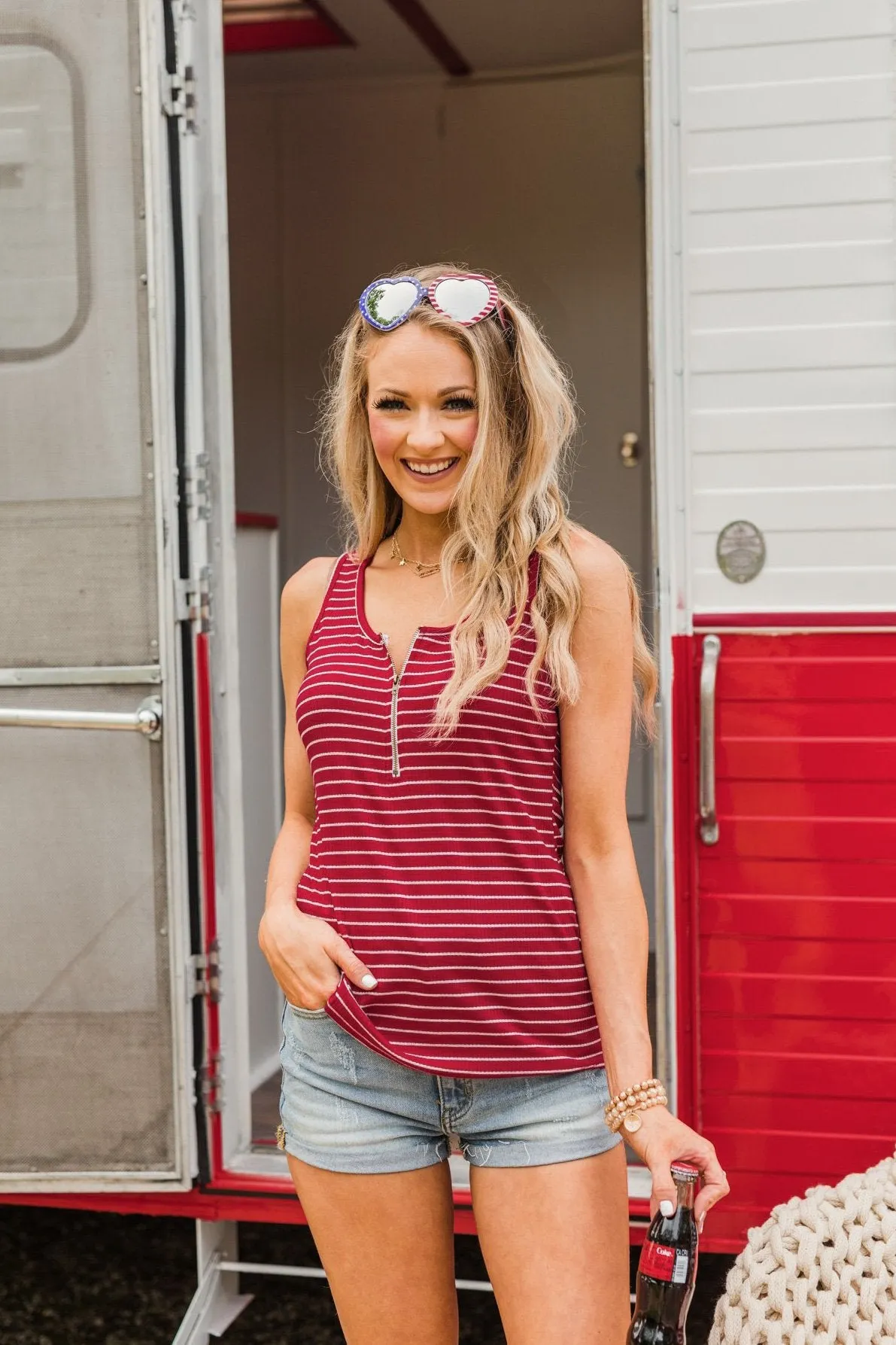 Star Spangled Stunner Zipper Henley Tank- Deep Red & White