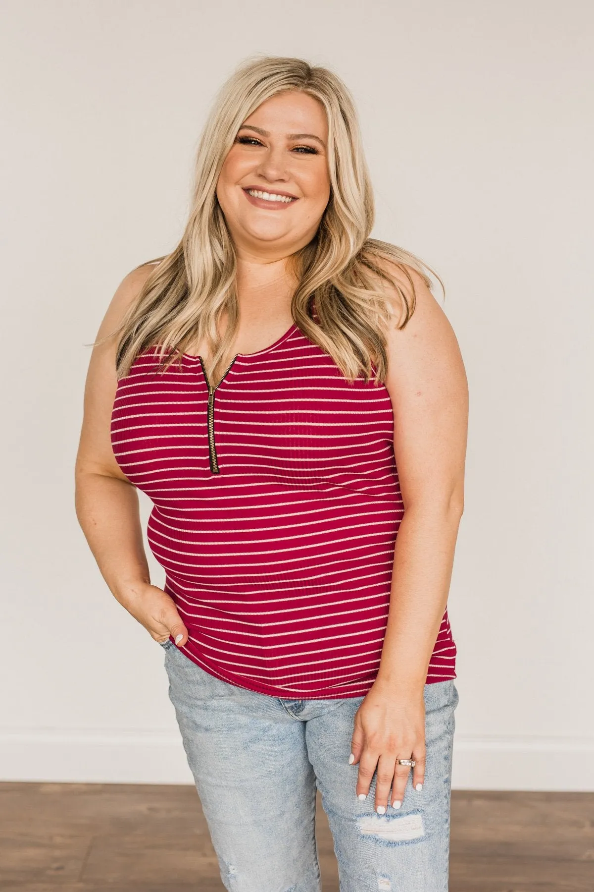 Star Spangled Stunner Zipper Henley Tank- Deep Red & White