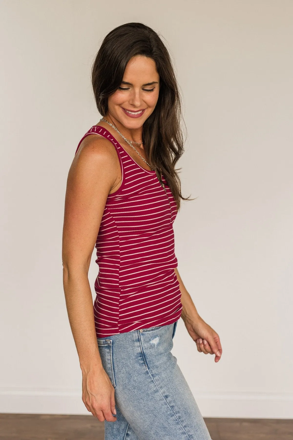 Star Spangled Stunner Zipper Henley Tank- Deep Red & White