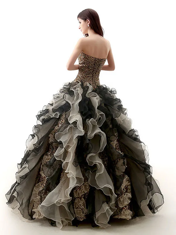 Strapless Leopard Design Black Quinceanera Ball Gown EN111