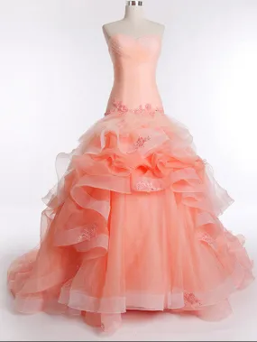 Strapless Peach Fit and Flare Formal Prom Pageant Ball Gown | RS3016