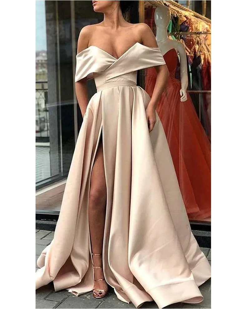 Stylish Champagne Off the Shoulder Satin Side Slit Senior 8th Grade Prom Gown