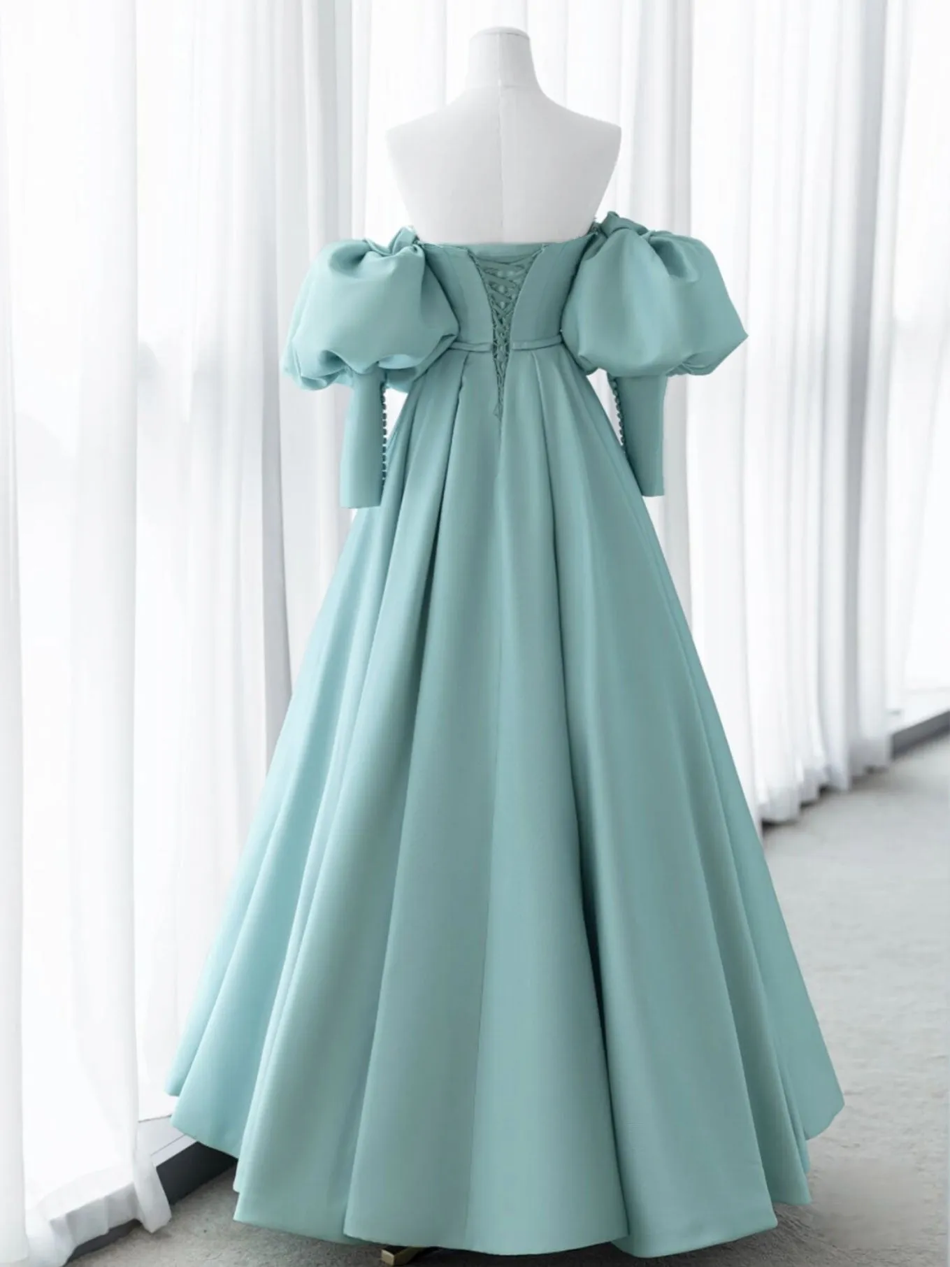 Stylish Off The Shoulder Sweetheart Satin Ball Gown with Long Sleeves