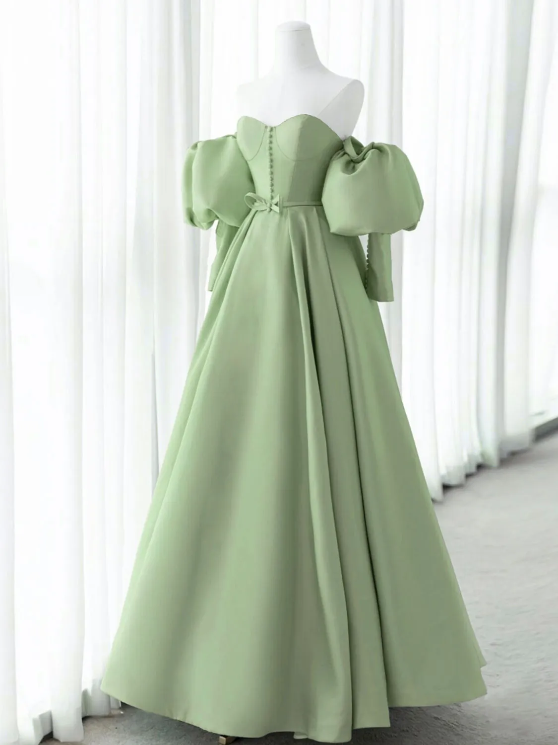 Stylish Off The Shoulder Sweetheart Satin Ball Gown with Long Sleeves