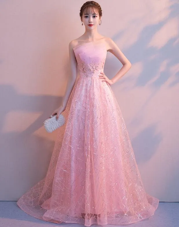 Stylish Pink Tulle Floor Length Party Dress, Lovely Pink Gown