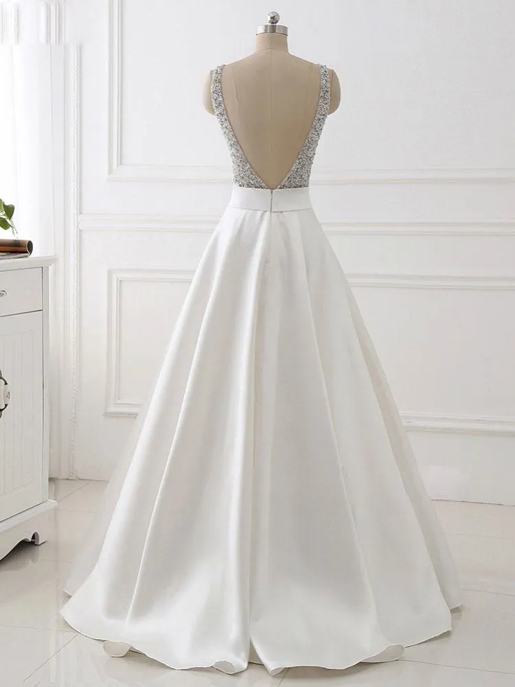 Stylish Satin A-line V-neck Beaded and Beaded Top Long Prom Dress, Beautiful Prom Gown