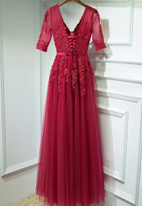 Stylish Wine Red Short Sleeves Party Gown, Wedding Party Dress