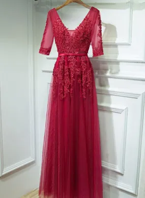 Stylish Wine Red Short Sleeves Party Gown, Wedding Party Dress