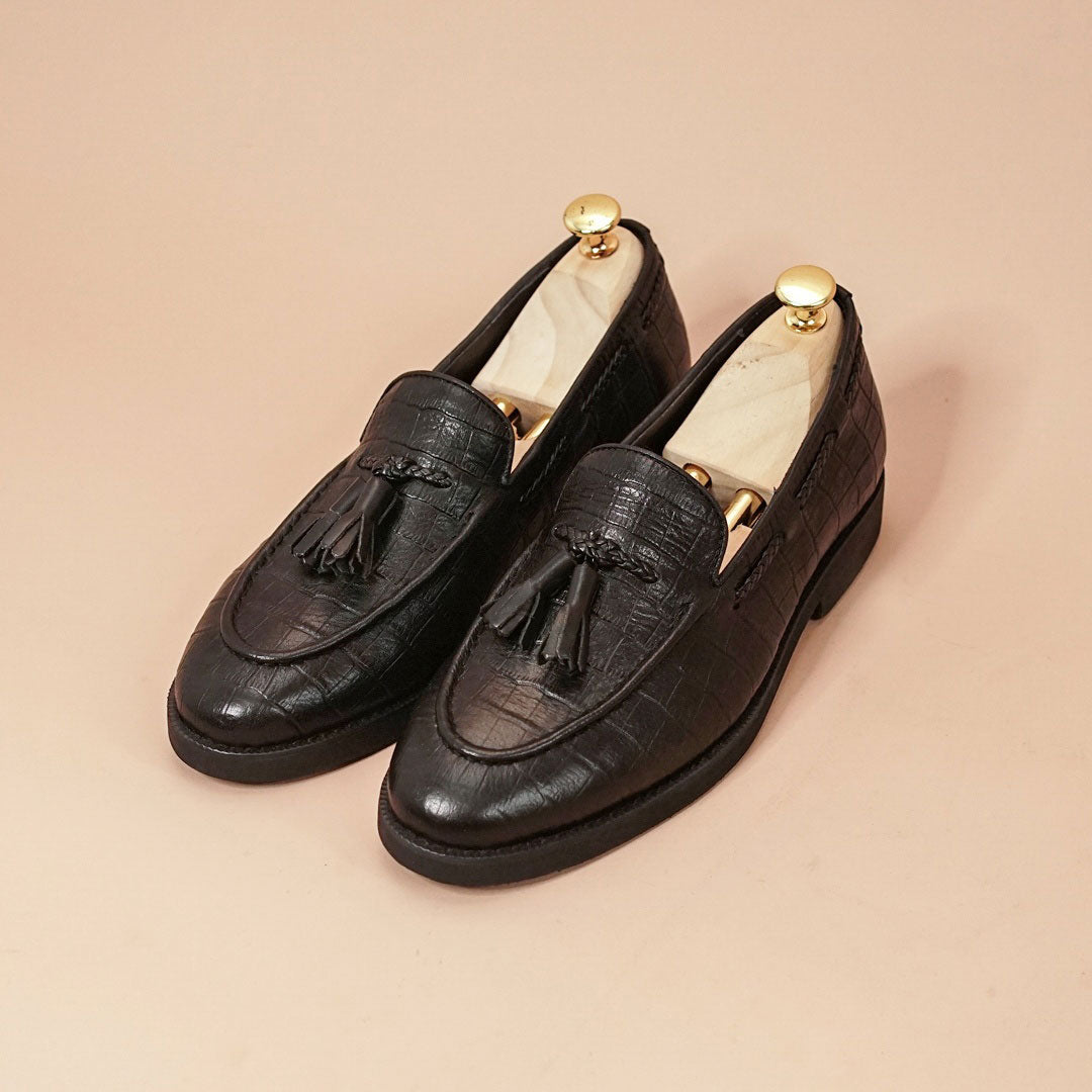 Tassel Loafer - Black Croco Leather (Crepe Sole)