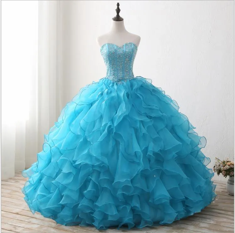 Turquoise Ruffle Ball Gown Masquerade Prom Dress Quinceanera Dress