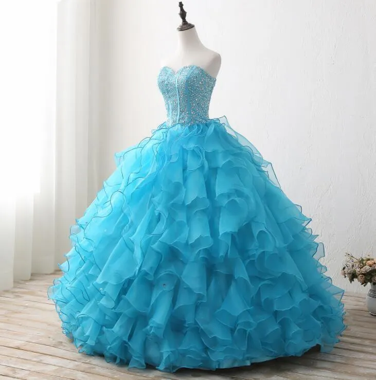 Turquoise Ruffle Ball Gown Masquerade Prom Dress Quinceanera Dress